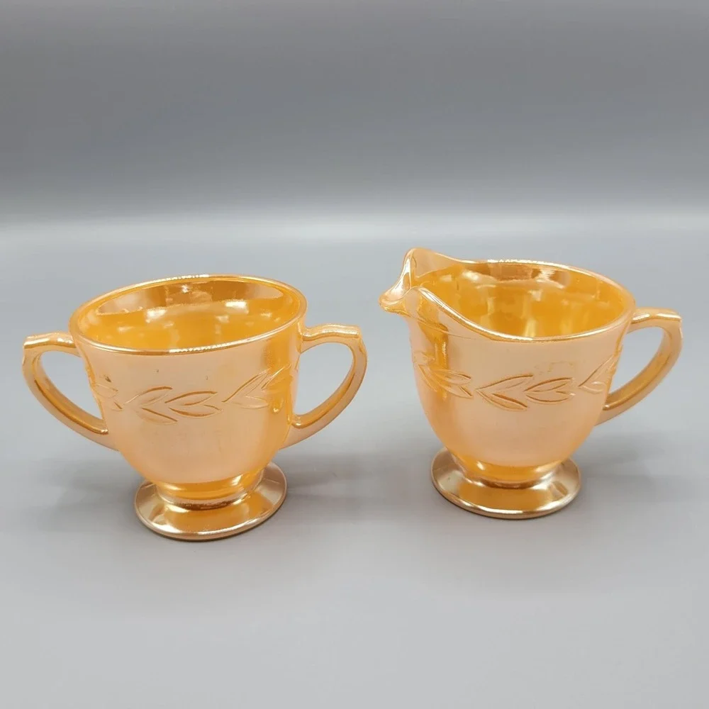 Vintage Orange Lustre Fire King Creamer & Sugar Set Laurel Leaf Glass Oven Ware